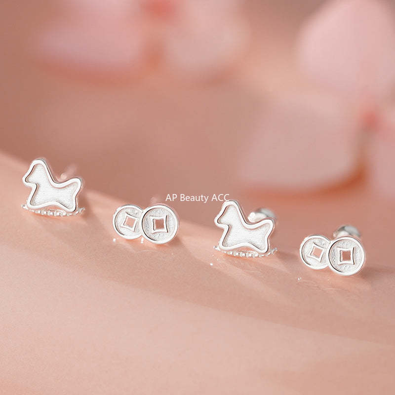 D廠-S999足銀木馬銅錢耳環新中式簡約氣質本命年氣質小眾耳飾批發「YC2891E_1」25.11-3