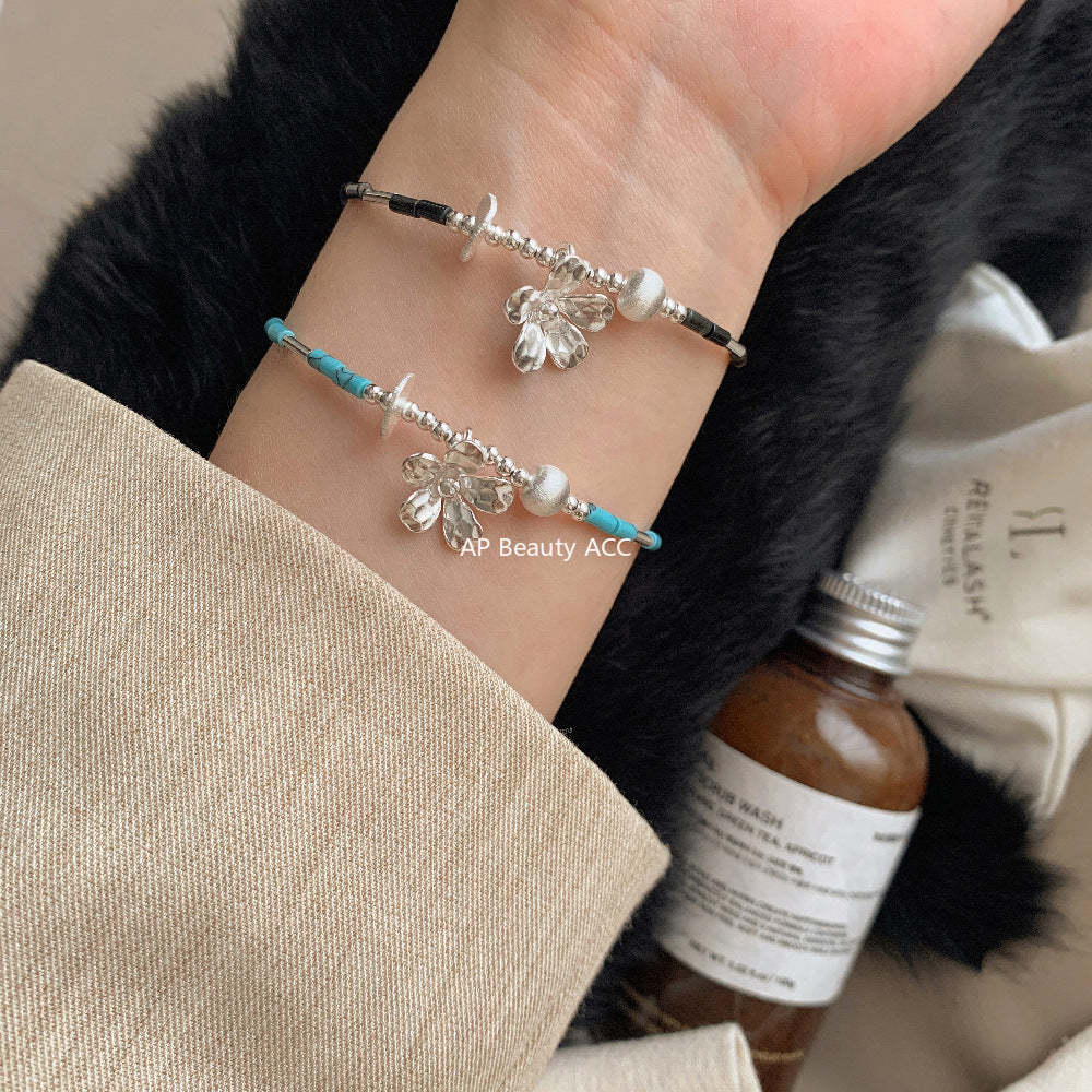 C廠-泰國清邁風手工銀花朵藍松石天然虎眼石直管S925純銀手鍊「1399」25.11-3