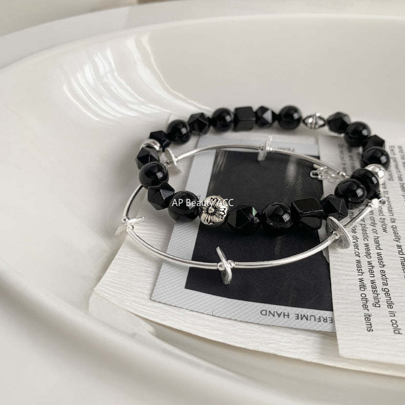 C廠-韓國東大門復古泰銀中性風S925銀十字架黑瑪瑙黑曜石手鍊通體銀「1512」25.11-3