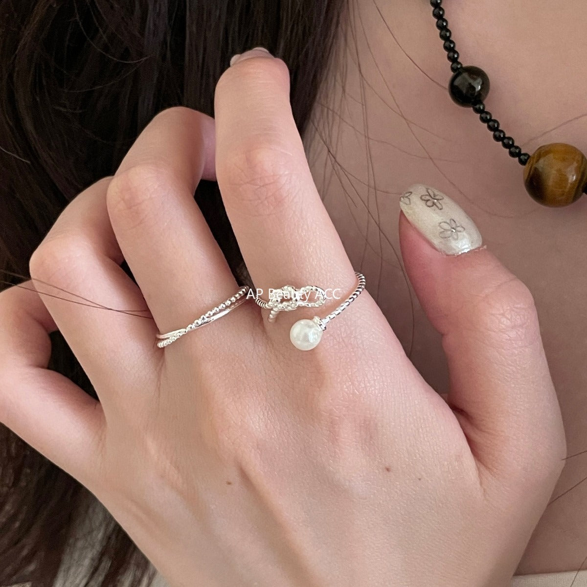 C廠-甜美珍珠戒指女極簡冷淡風氣質優雅925純銀交叉開口指環百搭指戒「JZ-0702」25.11-1