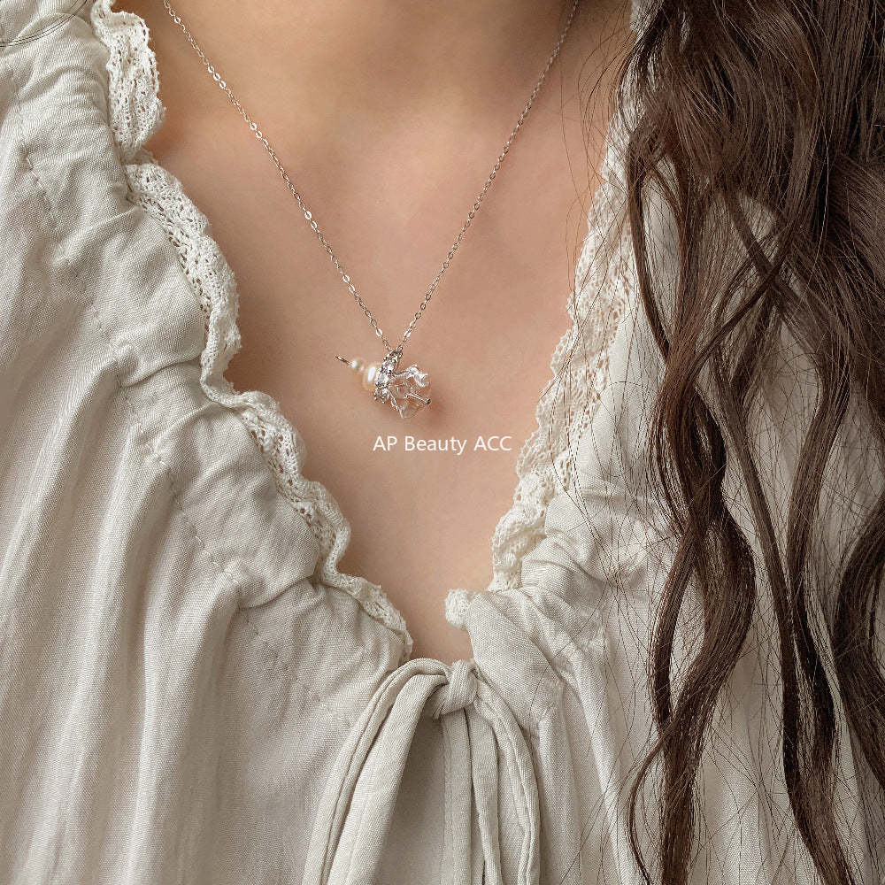 C廠-韓國ins風小眾設計 守護星 天然白水晶天然淡水珍珠S925純銀項鍊「1497」25.11-3