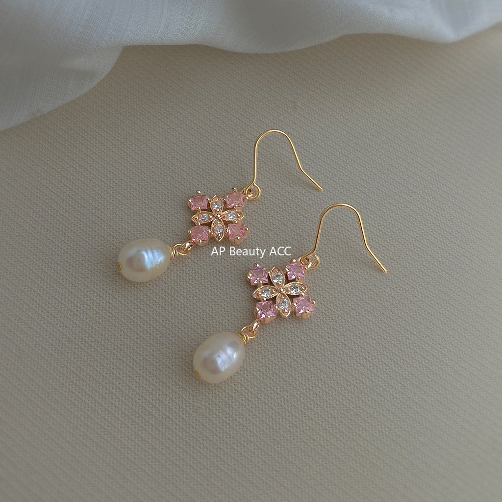 A廠-淡水珍珠微鑲鋯石清新甜美小香風新款耳飾工廠飾品水滴耳環「7045」25.11-1