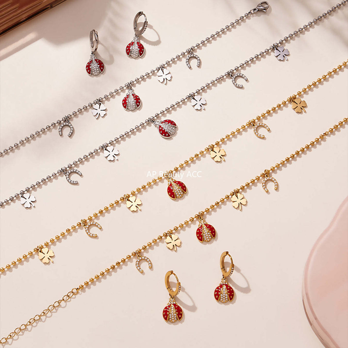 B廠-不鏽鋼5A鋯石滴油七星瓢蟲多配件吊墜項鍊手鍊耳環腳鏈套裝「TXP479」25.11-4