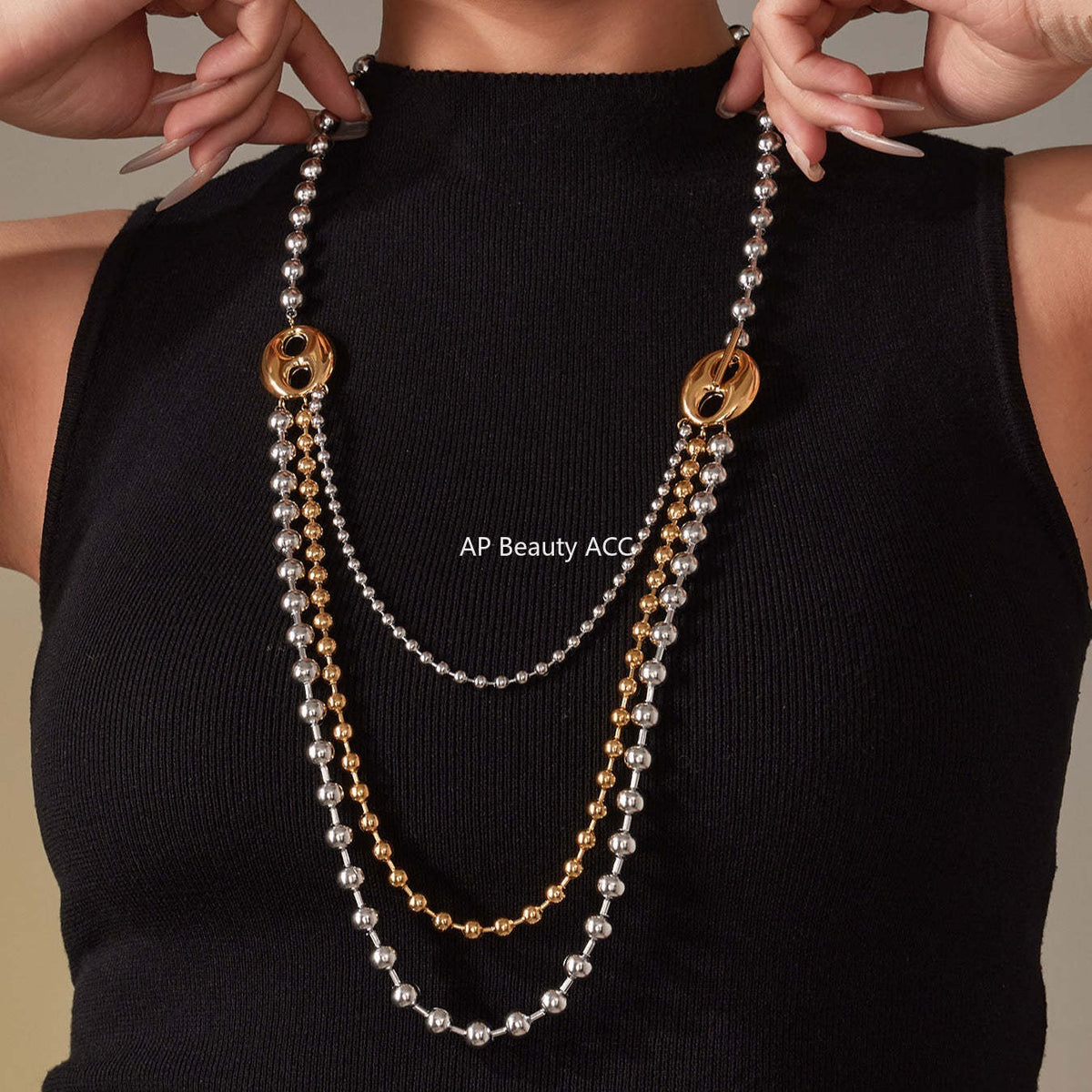 B廠-歐美拼色不鏽鋼愛心扣多層圓珠鏈項鍊ins個性時尚百搭飾品「P1853」25.11-3