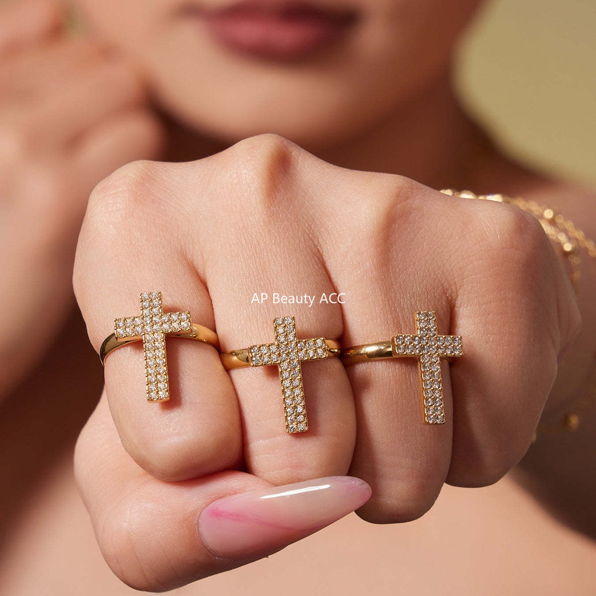 B廠-不鏽鋼超閃5A鋯石十字架戒指耳環項鍊手鍊首飾套裝鍍18k金不掉色「TXP503」25.11-4