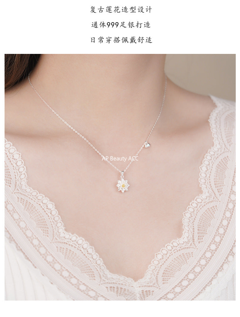 D廠-足銀S999蓮花項鍊中式復古小清新優雅溫柔百搭森系文藝鎖骨鏈批發「YC3184N」25.11-1