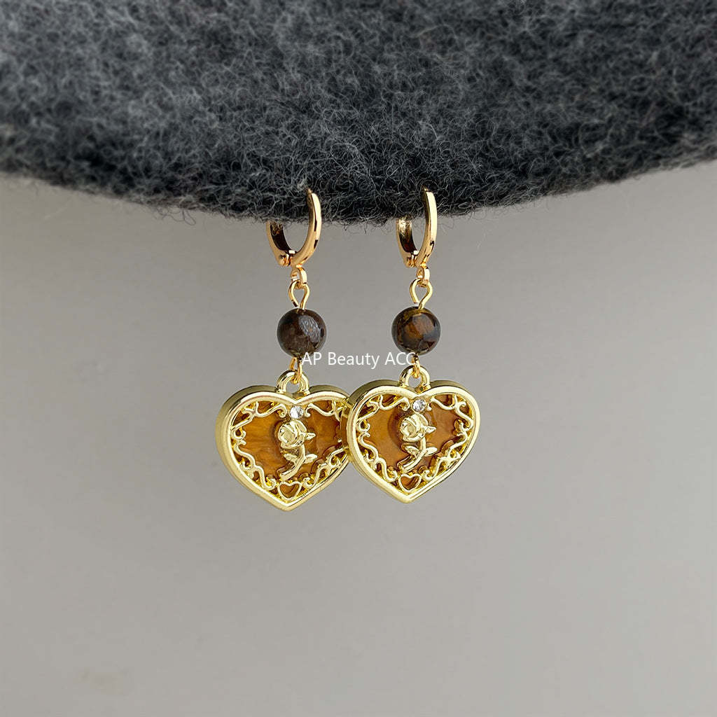 A廠-文藝復古美拉德風愛心玫瑰花中古風新款耳環手工耳環女飾品「7148」25.11-4