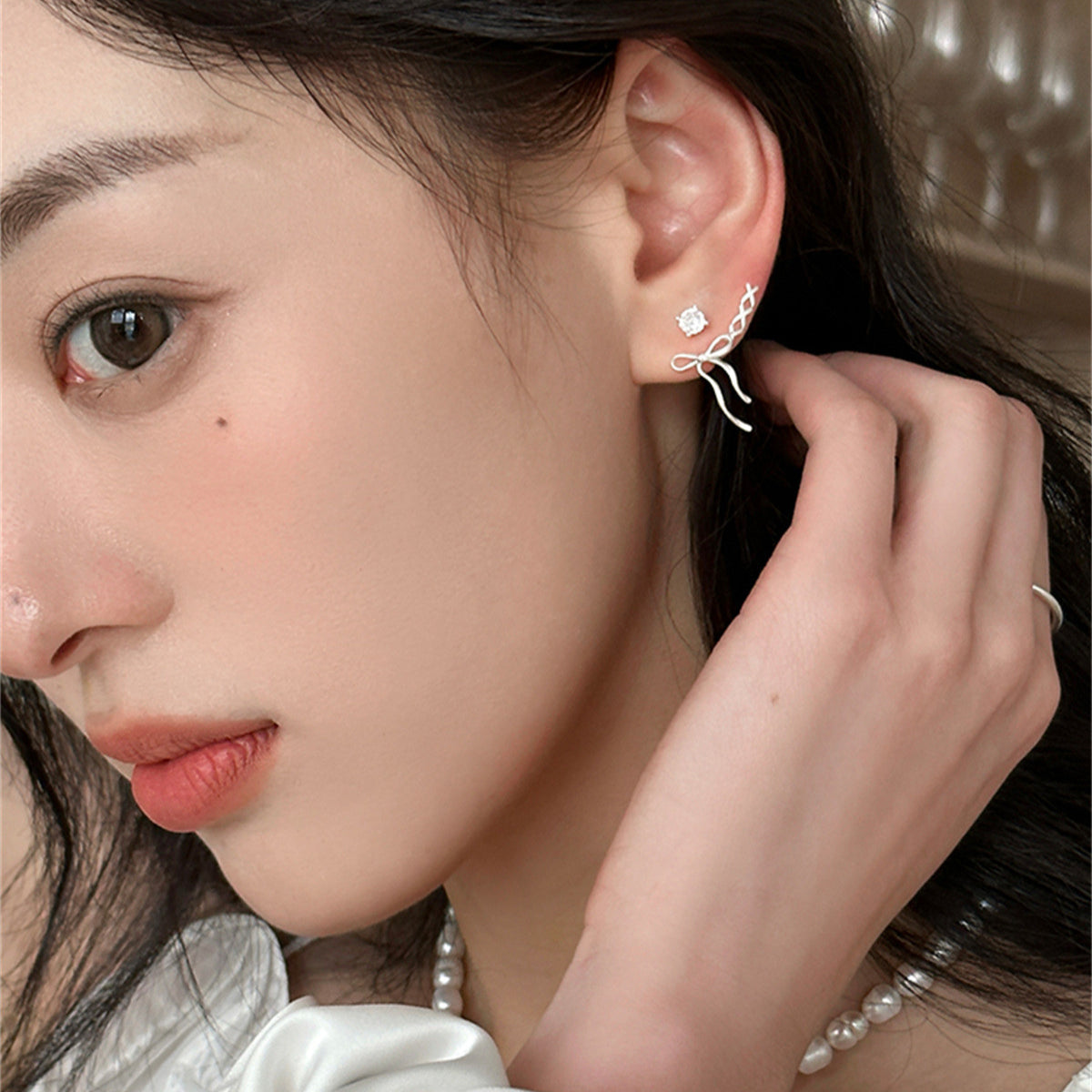C廠-精緻小眾甜美氣質銀針耳釘女高級感絲帶蝴蝶結耳環輕奢百搭耳飾「EH-3721」25.06-4