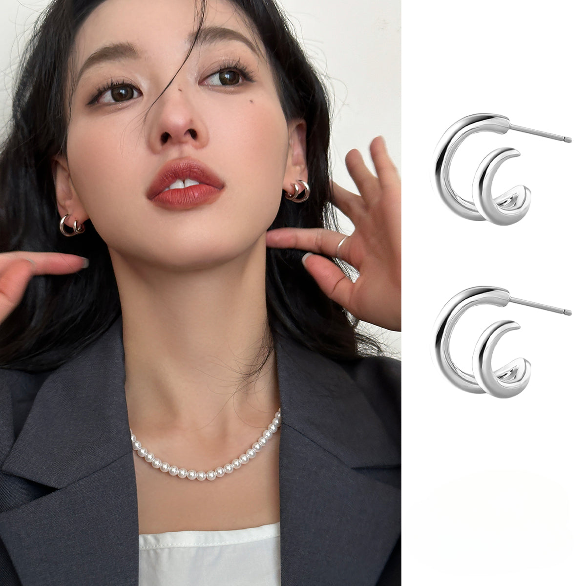 C廠-酷帥雙環素圈耳釘小眾設計高級感銀針耳環新爆耳圈耳飾女「EH-2853」25.09-1