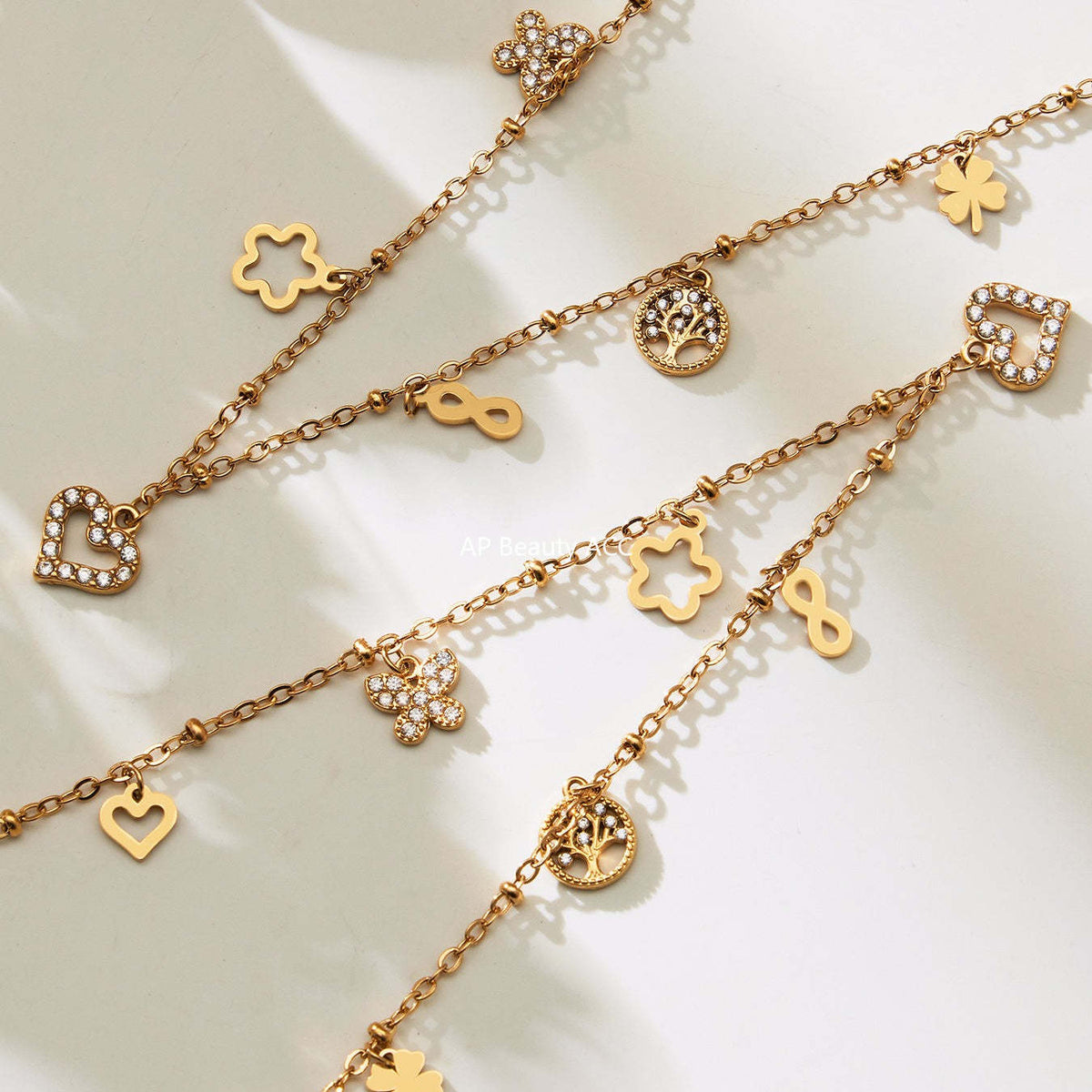 B廠-跨境新款靈動愛心滿鑽鋯石吊墜雙層鎖骨項鍊不鏽鋼鍍18k金「P874」25.11-4