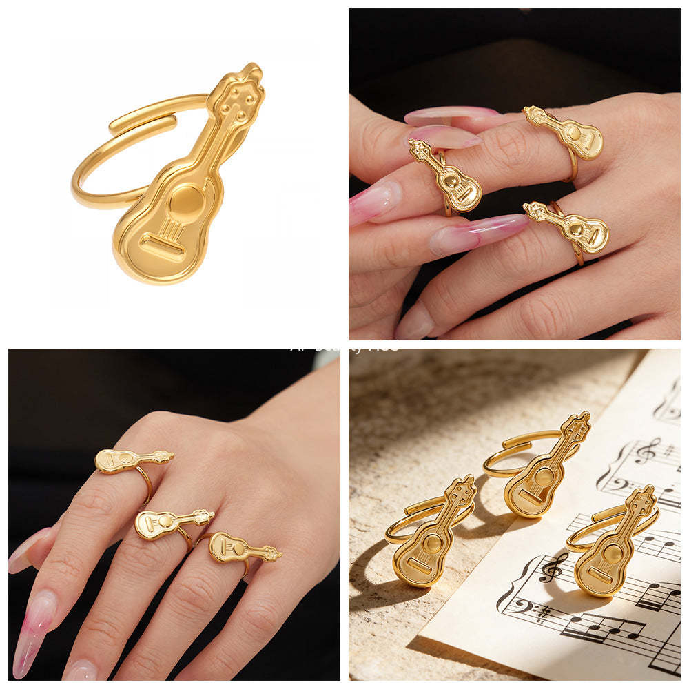 B廠-不鏽鋼小吉他開口戒指鍍18k真金學院風個性潮酷配飾ins小眾設計感「A542」25.12-3