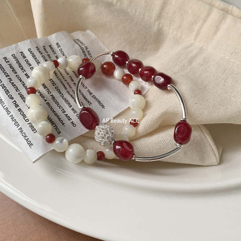 C廠-小紅薯同款招桃花紅瑪瑙紅玉髓彈力手鍊縷空繡球S925純銀手鍊「1517-1518」25.11-3