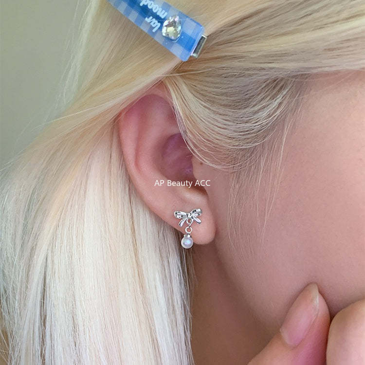 C廠-簡約小巧蝴蝶結耳釘女設計感高級百搭銀針耳環甜美小香風珍珠耳飾「EH-4319」25.12-3