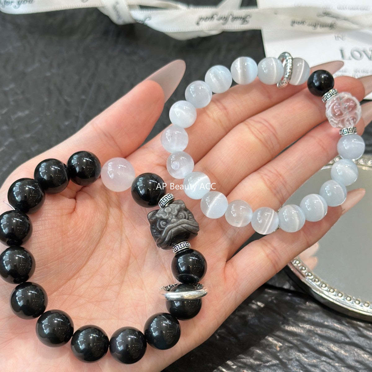 AS廠-情侶款天然黑曜石手鍊輕奢小眾設計貓眼石手串情人節七夕禮物「l2840」25.10-4