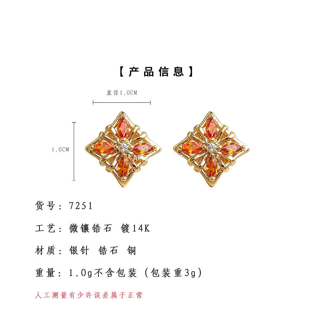 A廠-原創時尚高級感925銀針微鑲鋯石橘紅色新款小耳環「7251」25.12-3