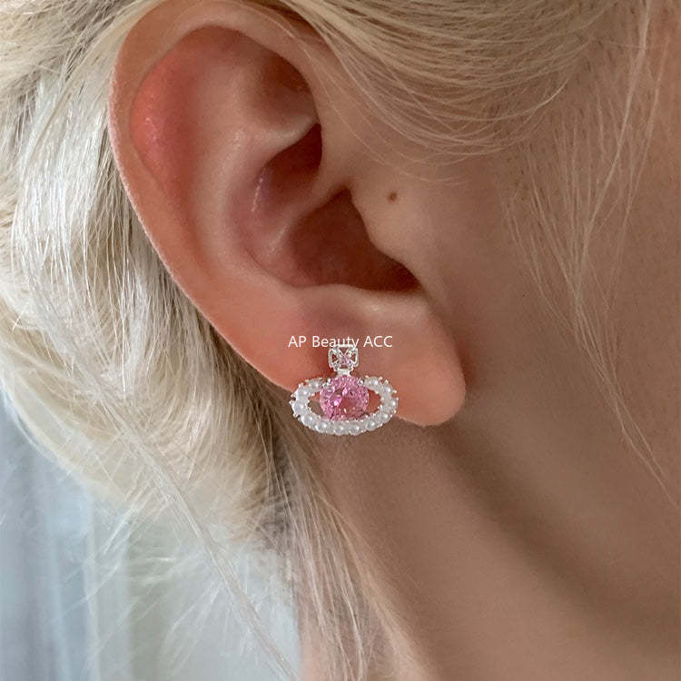 C廠-輕奢小香風粉鋯石星球耳釘女小眾甜美珍珠耳環時尚通勤百搭耳飾「EH-4313」25.12-3