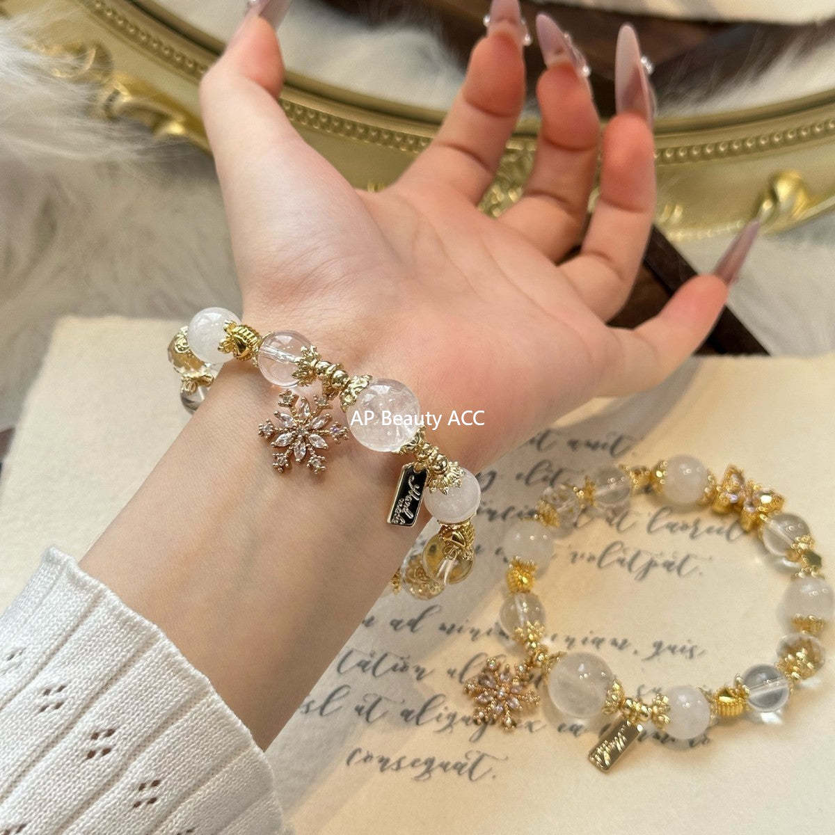 AS廠-白水晶白幽靈手鍊diy小眾設計款雪花吊墜時尚手串女節日禮物「l2945」25.11-1