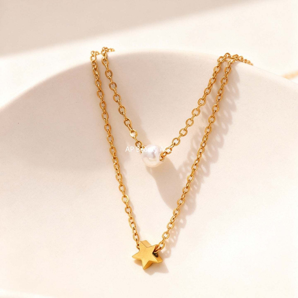 B廠-不鏽鋼星星貝珠設計感雙層項鍊 歐美通勤疊戴鍍18K金百搭個性首飾「P001」25.12-1