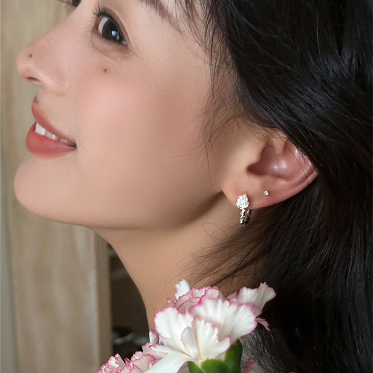 C廠-925銀針森系玫瑰花耳環女清新甜美氣質耳扣簡約時尚百搭個性耳飾「EH-3678」25.06-4