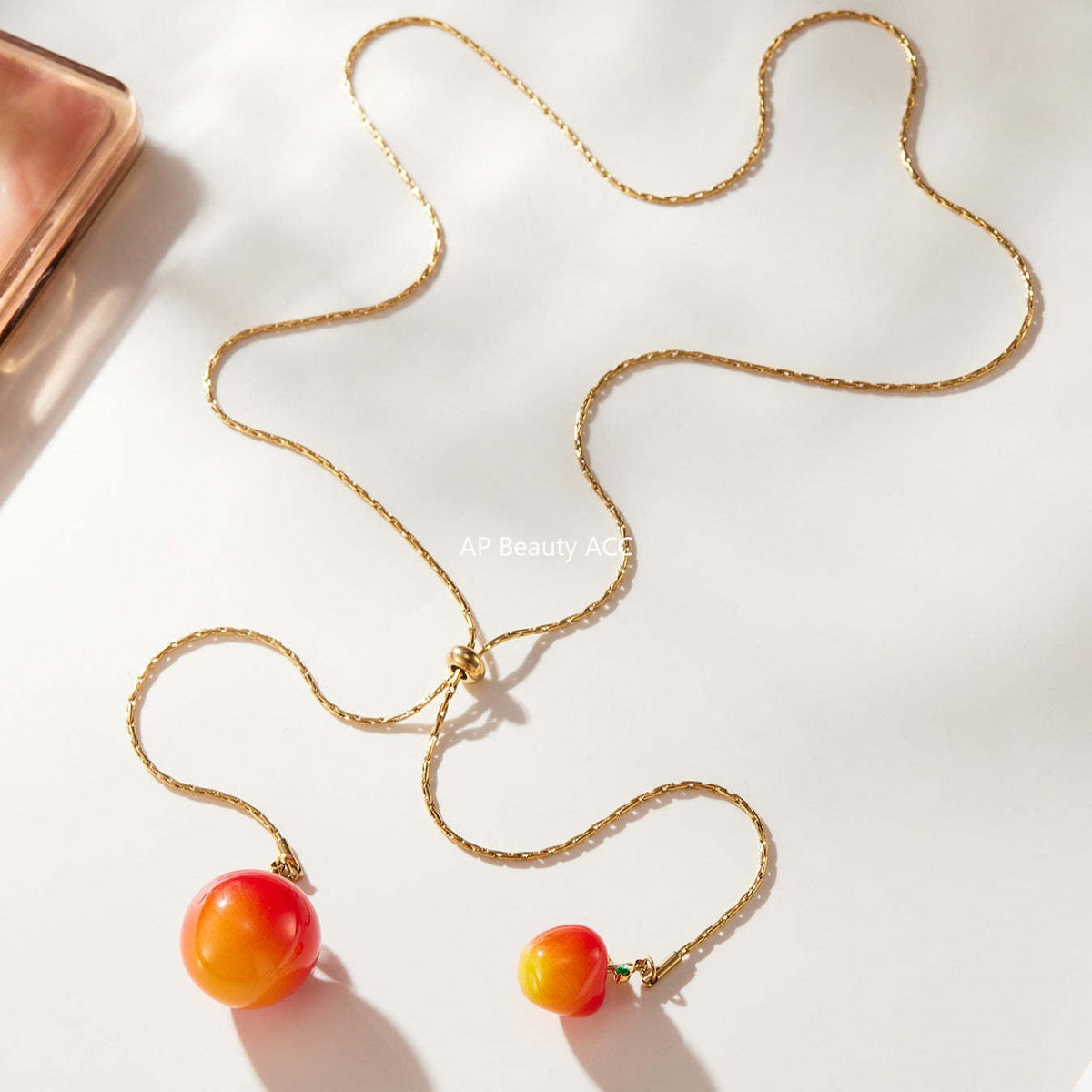 B廠-5A鋯石抽拉大小櫻桃吊墜毛衣項鍊不鏽鋼鍍18k真金珠寶首飾「P1366」25.11-3