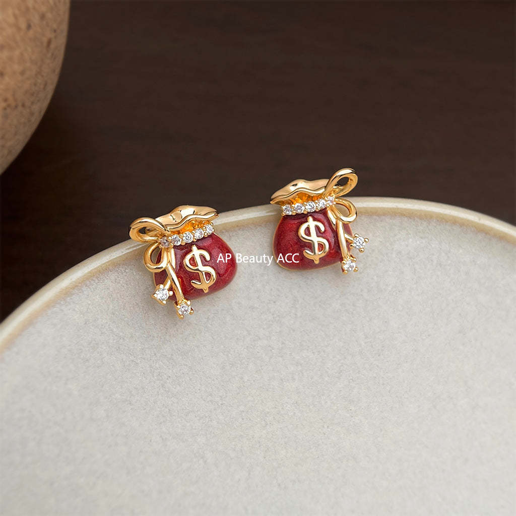 A廠-原創錢袋~微鑲鋯石925銀針琺瑯滴釉酒紅色時尚設計感耳飾耳環「7035」25.11-1