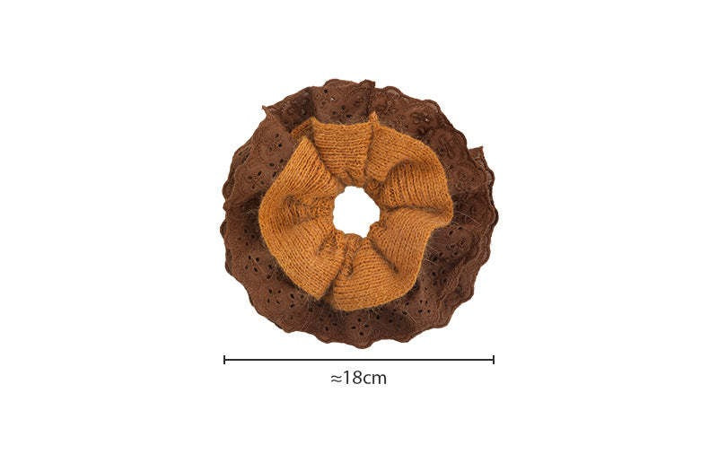 E廠-秋冬韓系毛線針織蕾絲大腸髮圈女超大丸子頭低馬尾頭繩慵懶風頭飾「27752」25.12-1