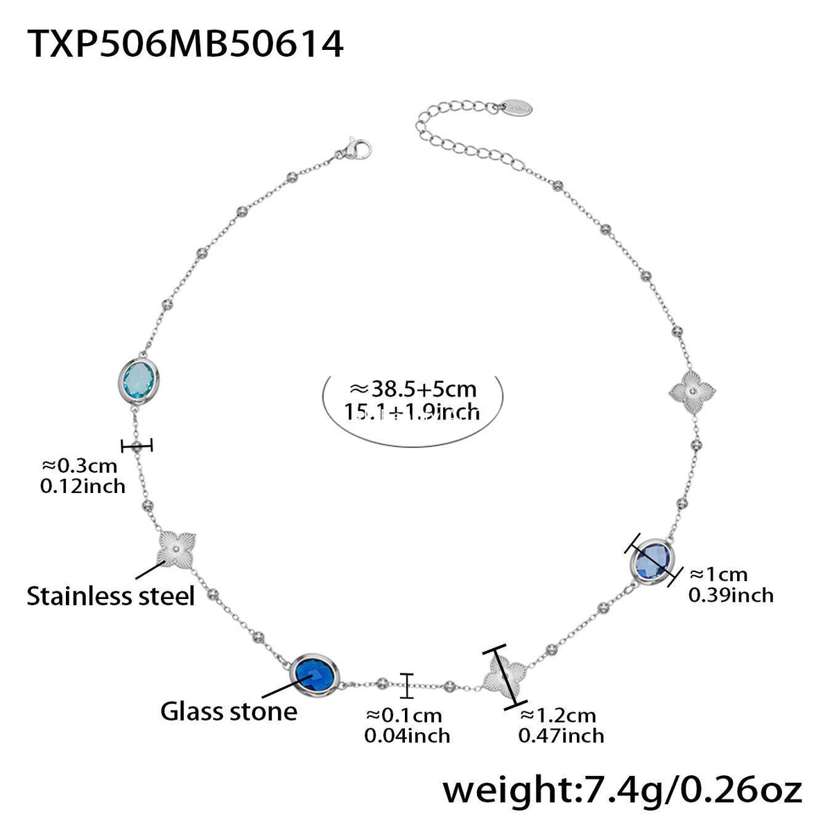 B廠-不鏽鋼十字夾珠鏈橢圓包邊切面玻璃石項鍊耳環首飾套裝鍍18k真金「TXP506」25.12-1
