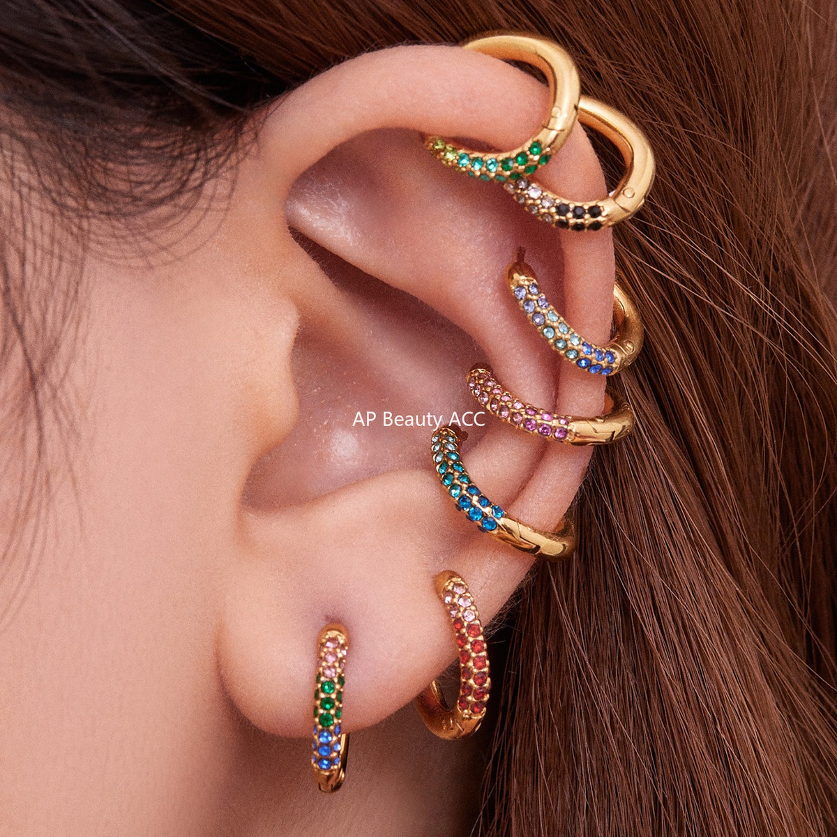 B廠-超閃5A彩色鋯石小耳環卡扣耳飾不鏽鋼鍍18k真金跨境熱銷款「F752」25.11-1