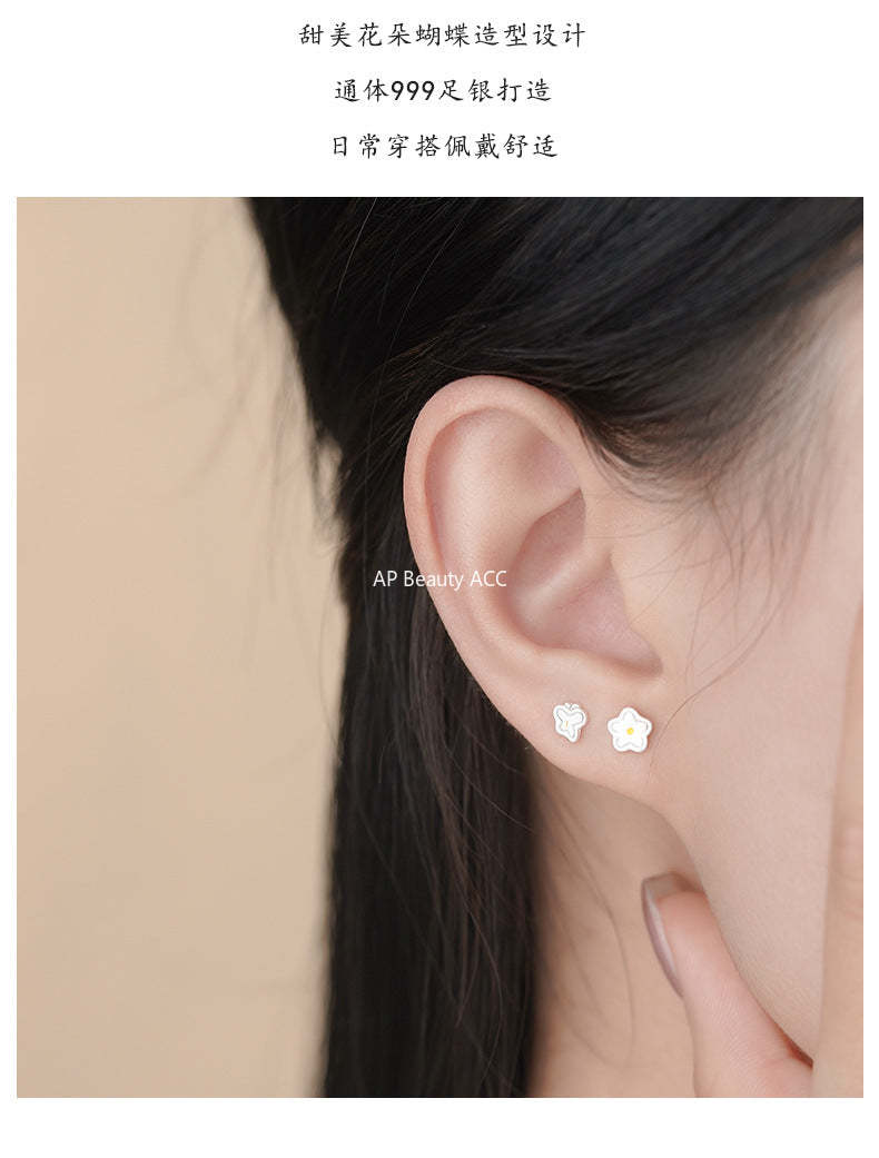D廠-S999足銀花朵蝴蝶不對稱耳釘清新森系田園風溫柔甜美養耳洞小眾耳飾「YC4631E_1」25.11-3