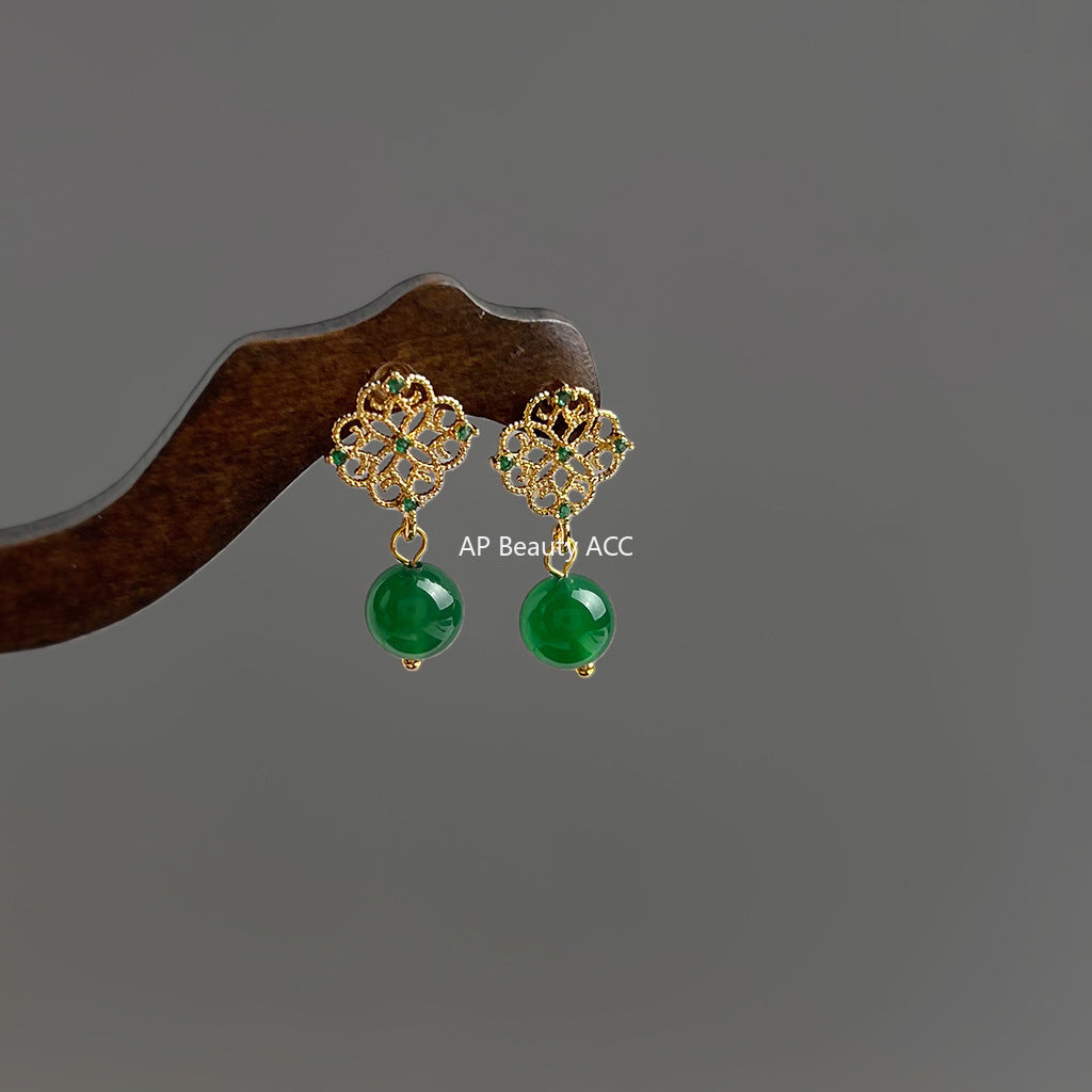 A廠-新中式微鑲鋯石綠瑪瑙鏤空蕾絲新款手工耳飾工廠耳環批發「7068」25.11-2