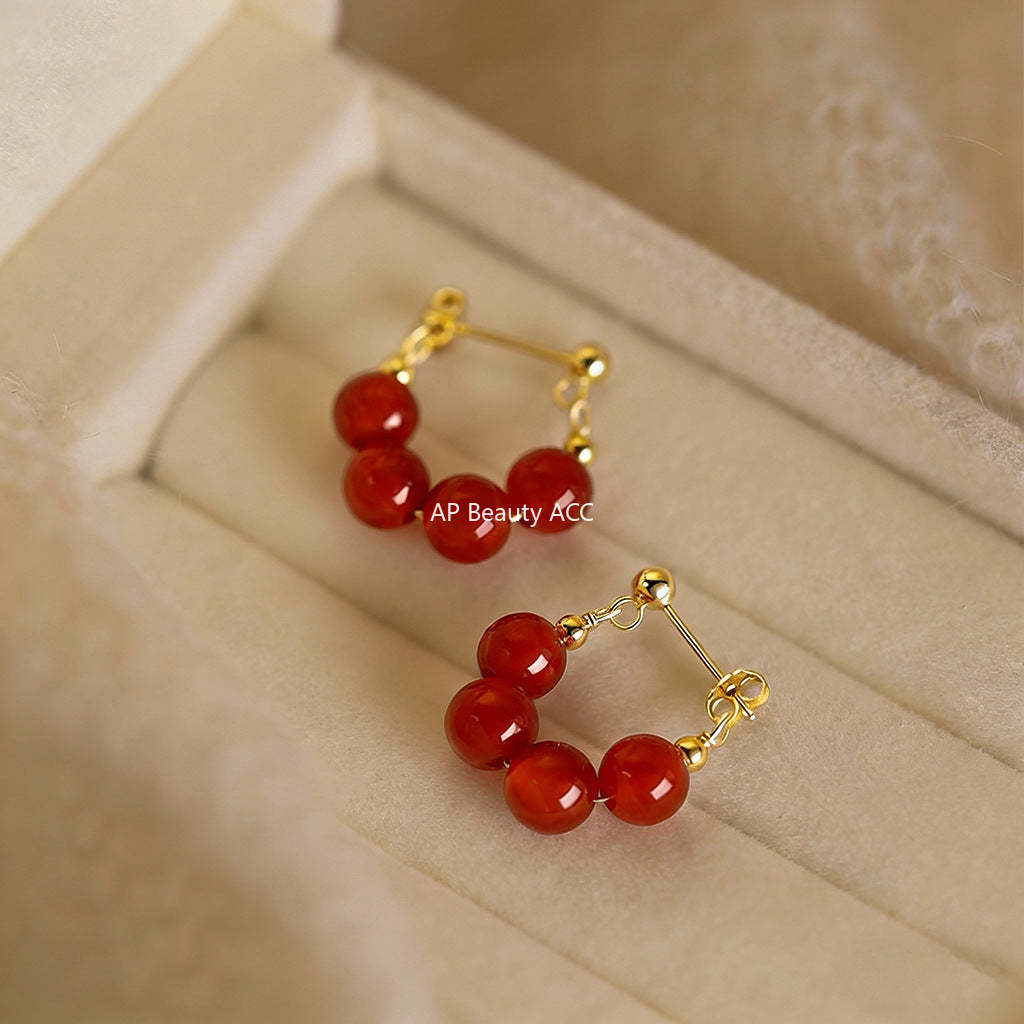 A廠-天然石紅瑪瑙新中式文藝復古國潮氣質高級感新款耳飾工廠耳環飾品「7259」25.12-3