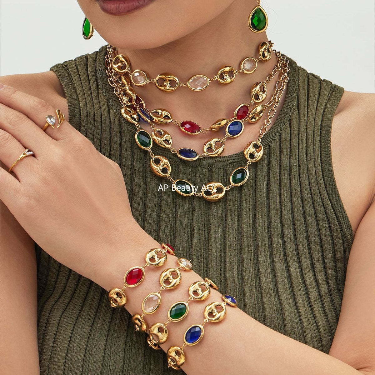 B廠-不鏽鋼空心豬鼻子包邊玻璃石手鍊項鍊套裝鍍18k真金跨境珠寶首飾「TXP514」25.12-2