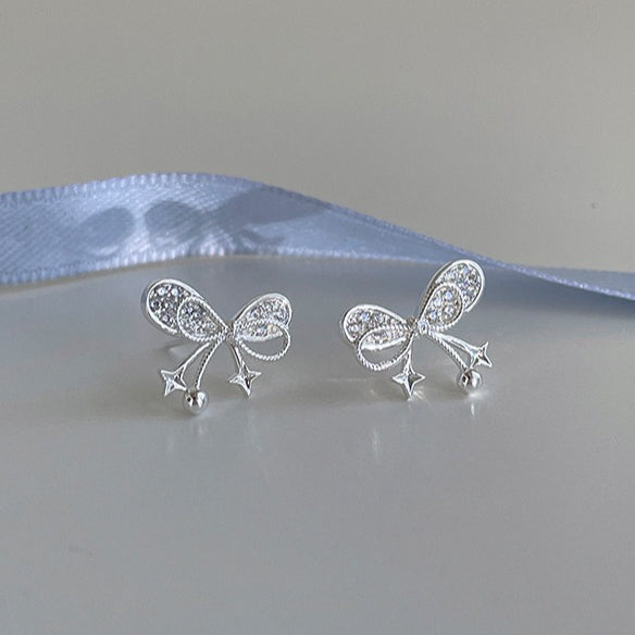 C廠-韓系小香風蝴蝶結星星耳釘女輕奢高級感銀針鋯石耳環精緻秋冬耳飾「EH-4329」25.12-1