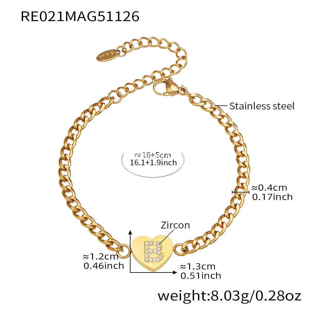 B廠-不鏽鋼愛心字母鑲嵌鋯石吊墜項鍊手鍊套裝 歐美個性首飾鍍18k真金「RP021」25.12-1