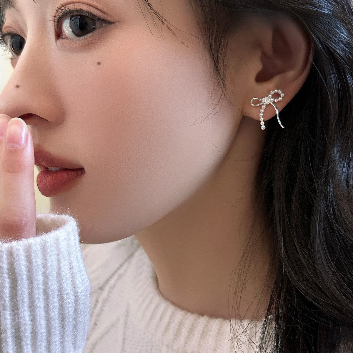 C廠-甜美珍珠蝴蝶結耳釘女森系百搭玫瑰花銀針耳環輕奢高級感氣質耳飾「EH-3586」25.05-2