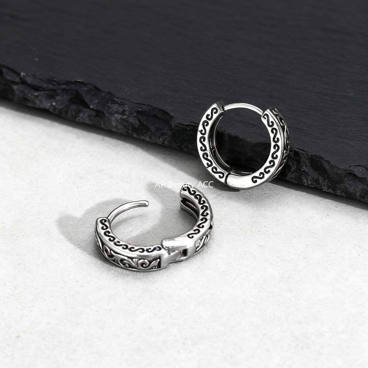 G廠-不鏽鋼花紋耳圈鋼色草紋花紋耳環男女街頭時尚嘻哈潮人耳飾「EH-839」25.12-1