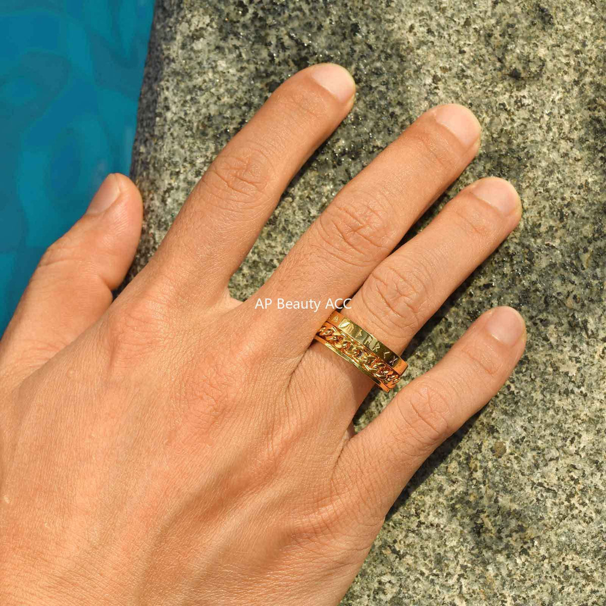 G廠-歐美時尚新款不鏽鋼維京盧恩文鏈條可轉動戒指金色「R-651」25.10-5