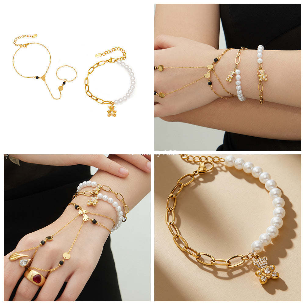 B廠-不鏽鋼愛心小熊鑲鋯石吊墜手工貝珠手鍊手指鏈組合手上鍍18k真金「E153-E162」25.12-3