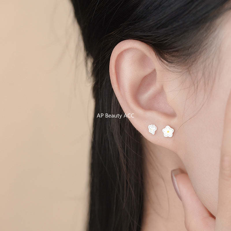 D廠-S999足銀花朵蝴蝶不對稱耳釘清新森系田園風溫柔甜美養耳洞小眾耳飾「YC4631E_1」25.11-3