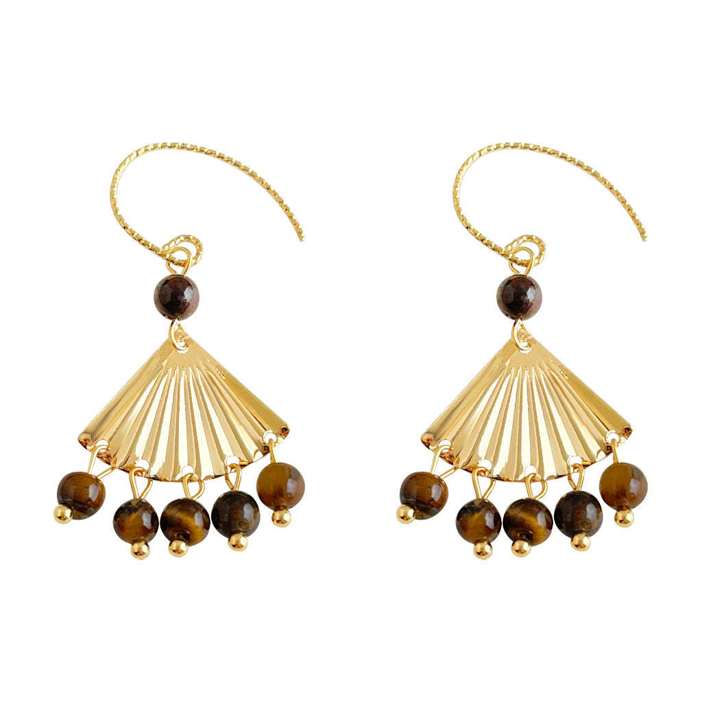 A廠-美拉德風虎眼石天然石手工設計感扇形流蘇咖色秋冬新款耳飾耳環「7020」25.11-1