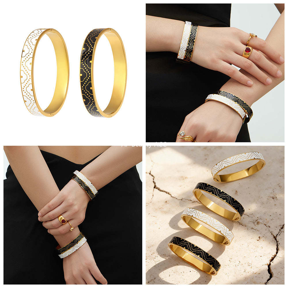 B廠-不鏽鋼琺瑯彩釉卡扣滴油手鐲鍍18k金百搭精美抽象派撞色拼接手環「Z528」25.12-3