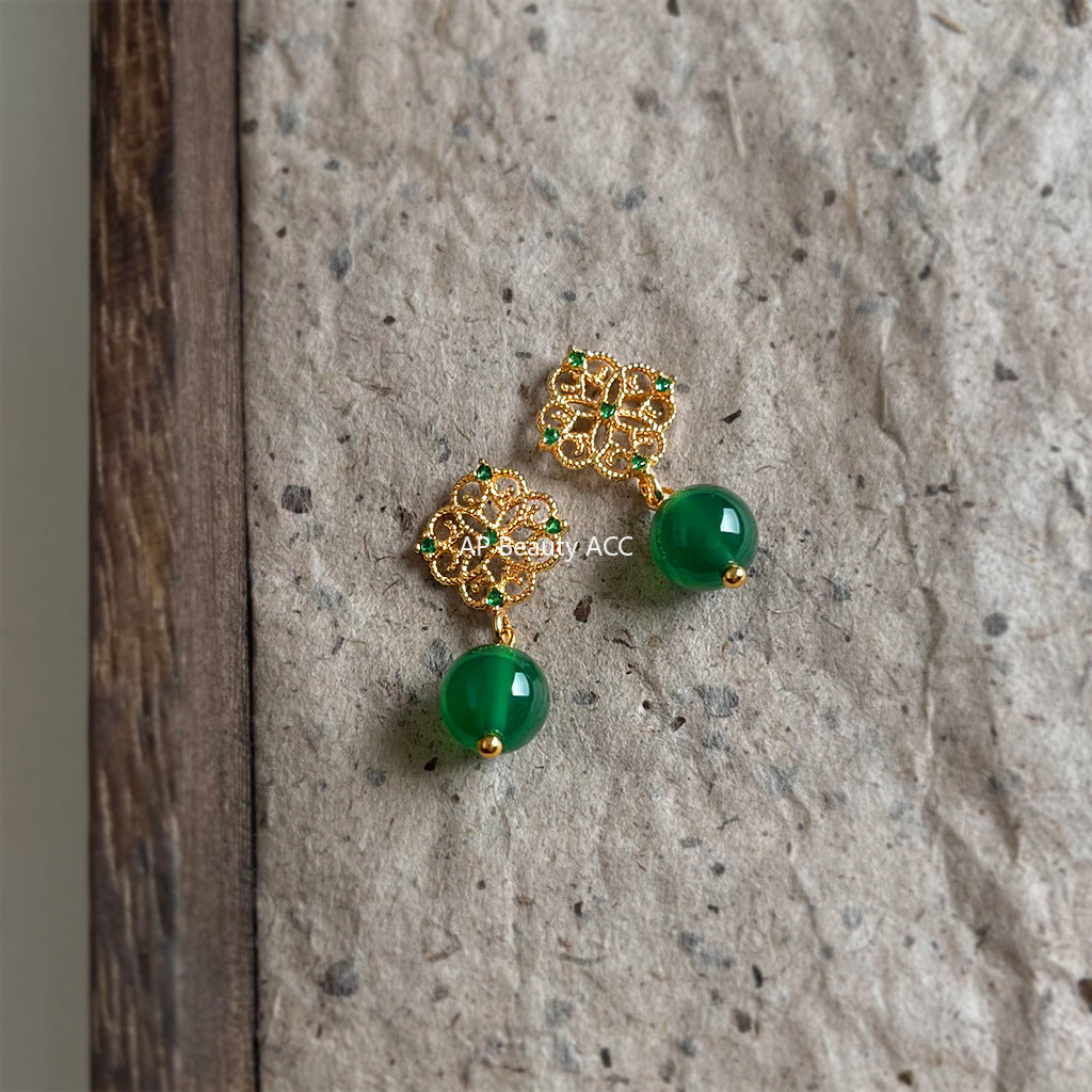 A廠-新中式微鑲鋯石綠瑪瑙鏤空蕾絲新款手工耳飾工廠耳環批發「7068」25.11-2