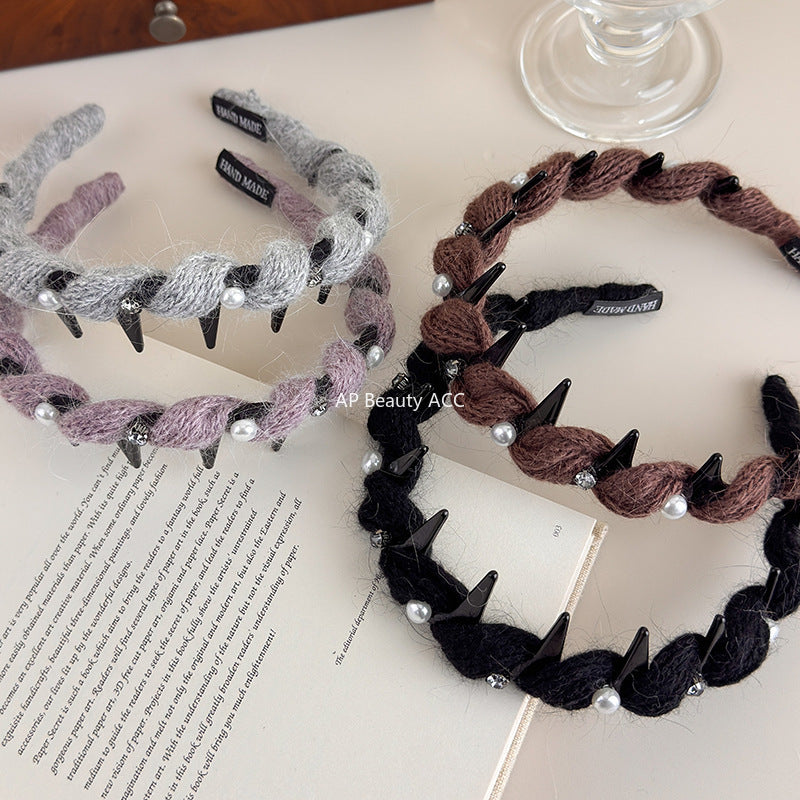 E廠-韓系閃鑽珍珠毛線波浪髮箍女高顱頂頭箍帶齒防滑外戴髮卡壓髮頭飾「27663」25.11-2