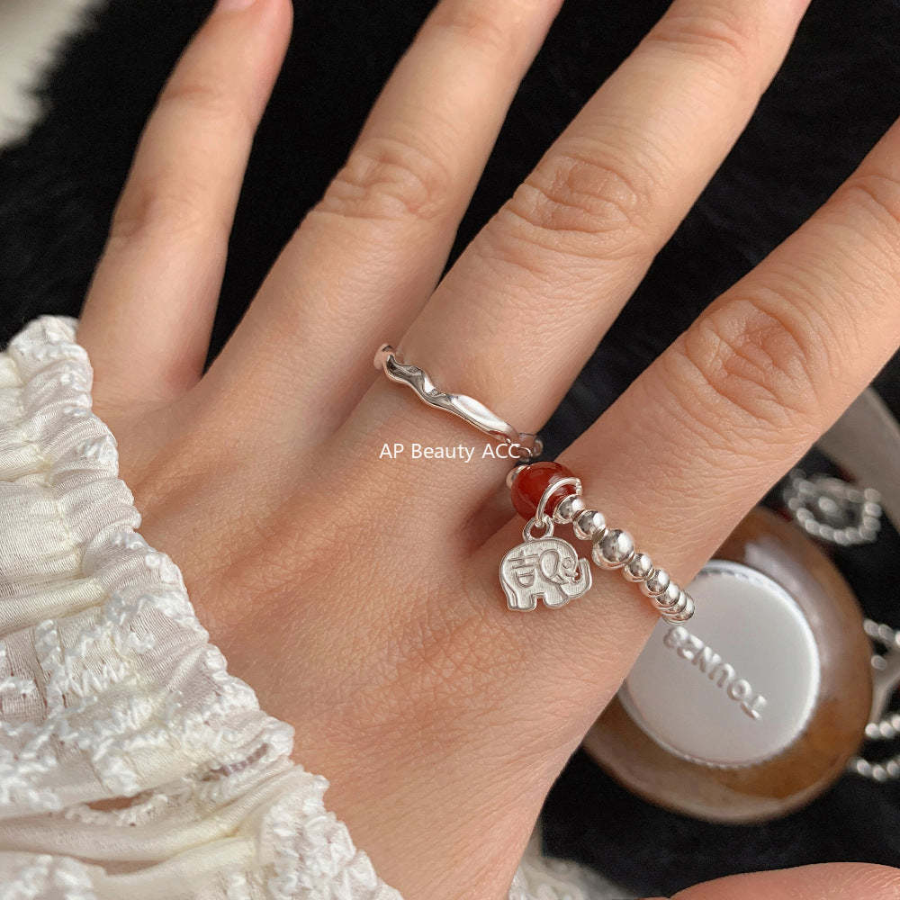 C廠-新中式古風大象小象小魚福袋蝴蝶結錢幣紅瑪瑙S925純銀彈力戒指「1520-1527」25.11-3