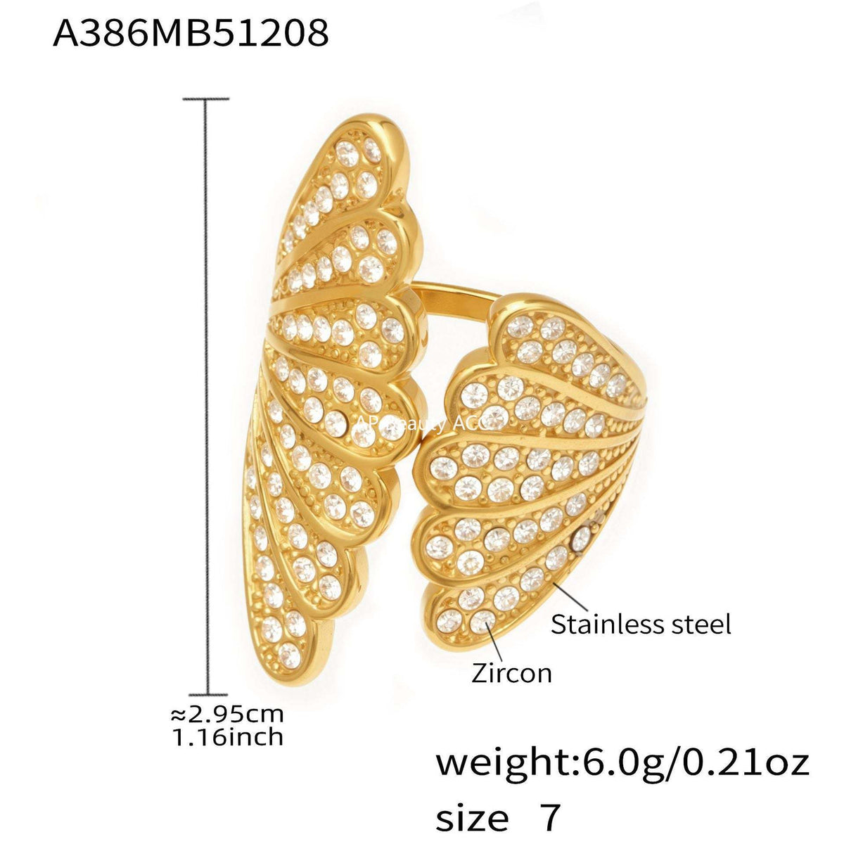 B廠-不鏽鋼百葉扇5A鋯石開口戒指鍍18k真金ins小眾設計指環輕奢手飾品「A386」25.12-3