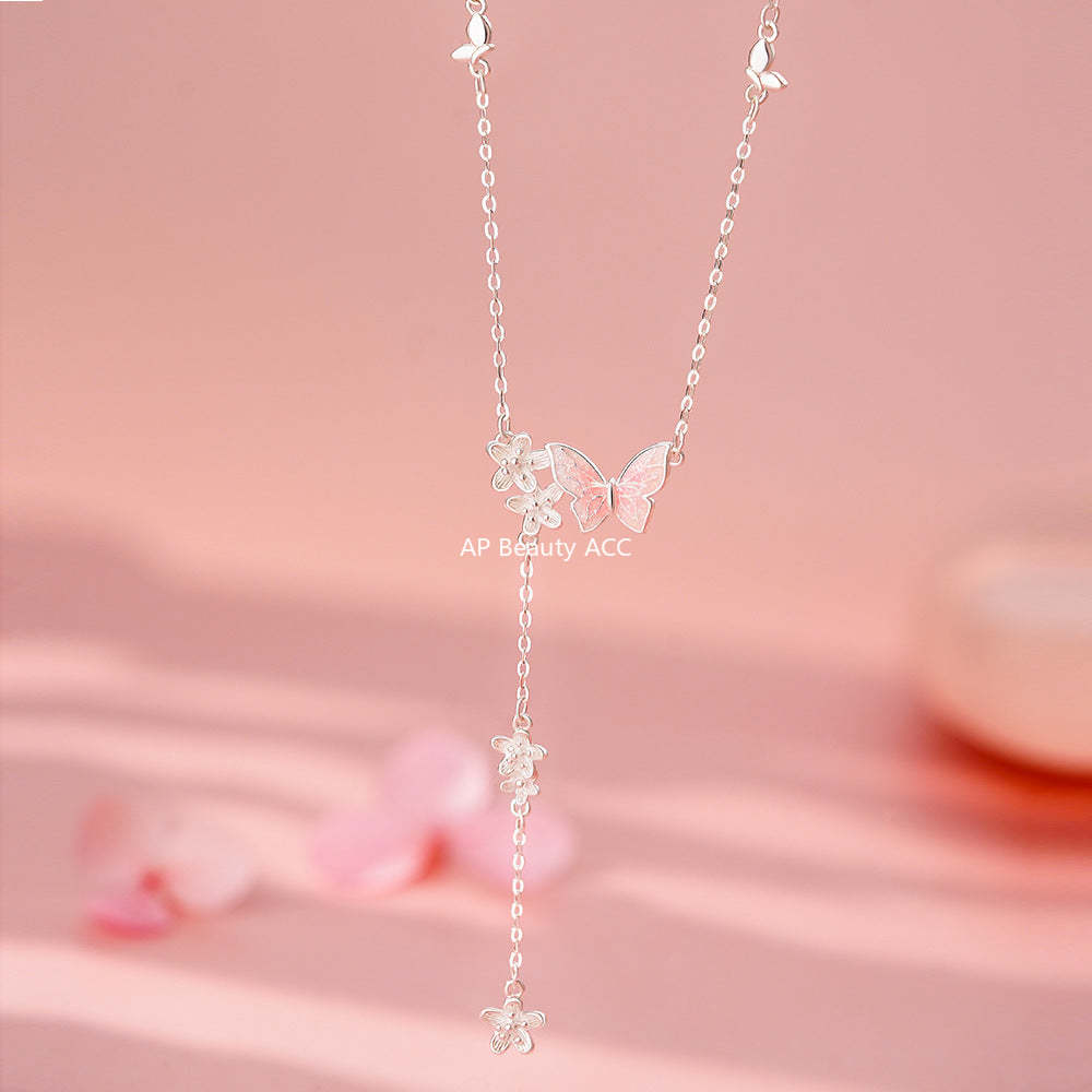 D廠-S999足銀滴膠蝴蝶花朵流蘇項鍊清新森系淡雅小眾顯瘦鎖骨鏈批發「YC2185N_1」25.11-4