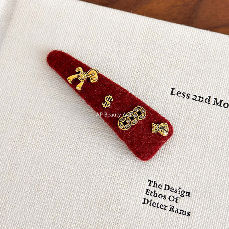 E廠-馬上有錢花新年紅色喜慶髮夾高級設計感豹紋側邊瀏海碎髮BB夾髮卡「27821」25.12-3