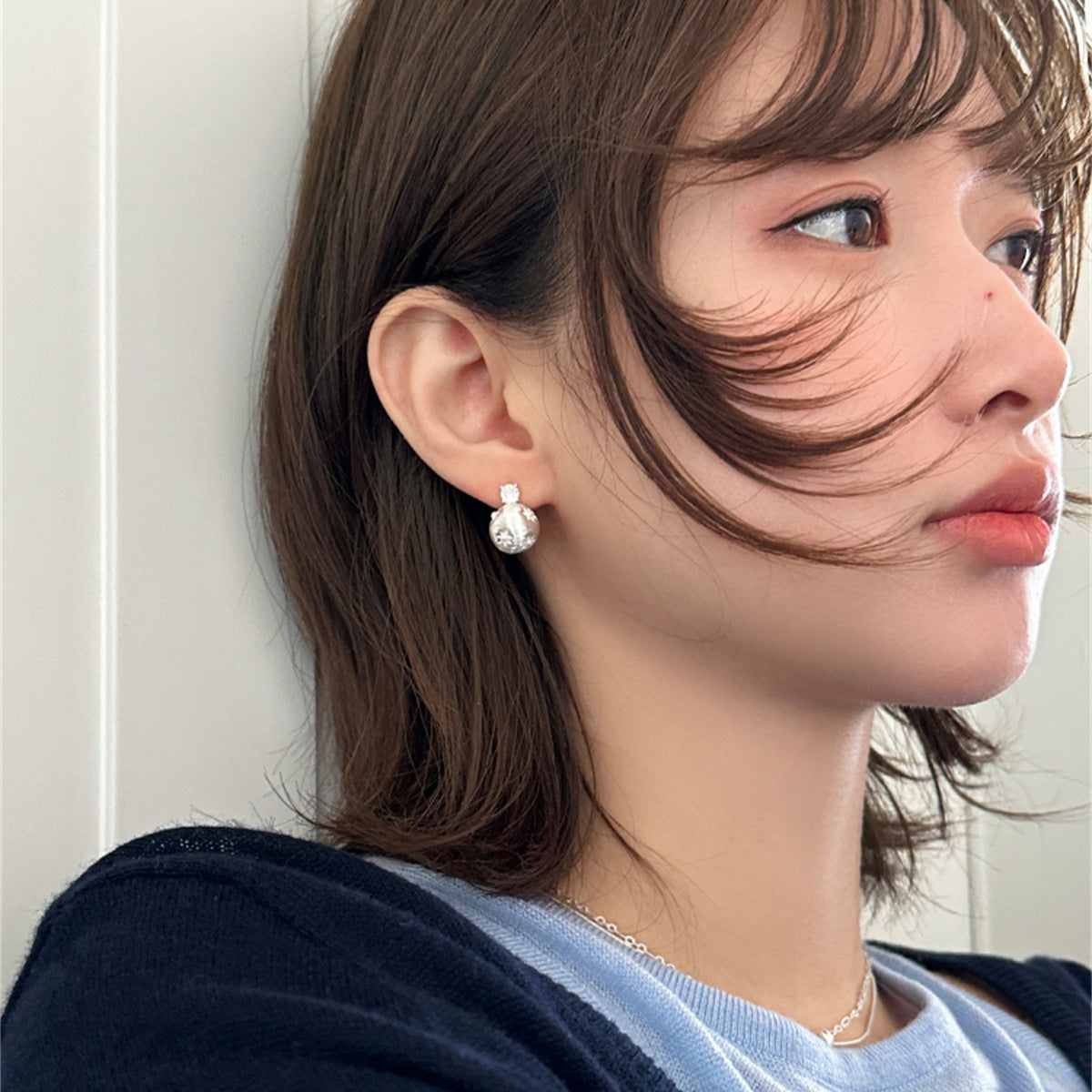 C廠-氣質輕奢百搭拉絲圓珠耳釘女韓系高級感鋯石銀針耳環精緻夏天耳飾「EH-3488」25.05-4
