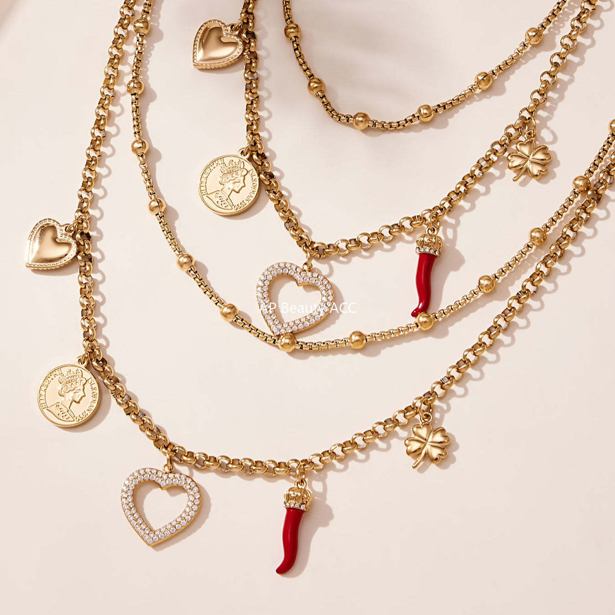 B廠-不鏽鋼雙層疊戴項鍊 ins愛心鋯石多吊墜歐美百搭輕奢鎖骨鏈「P170」25.11-3