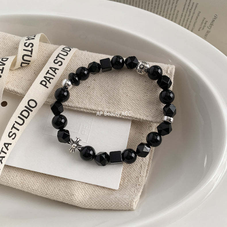 C廠-韓國東大門復古泰銀中性風S925銀十字架黑瑪瑙黑曜石手鍊通體銀「1512」25.11-3